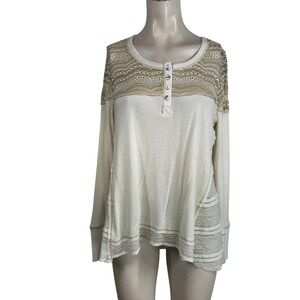 Sundance Waffle Knit Lace Trim Henley Shirt Long Sleeve Cream Tan M
